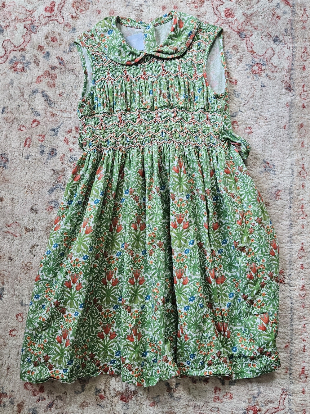 Bella Bliss Green Floral Smocked Kids Dress with Peter Pan Collar